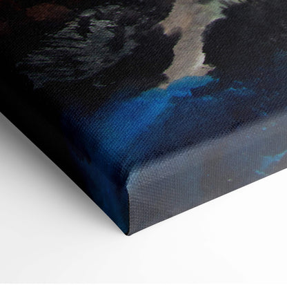 Textured canvas print of asian mountain landscape with navy and royal blue tones in serene zen nature decor style