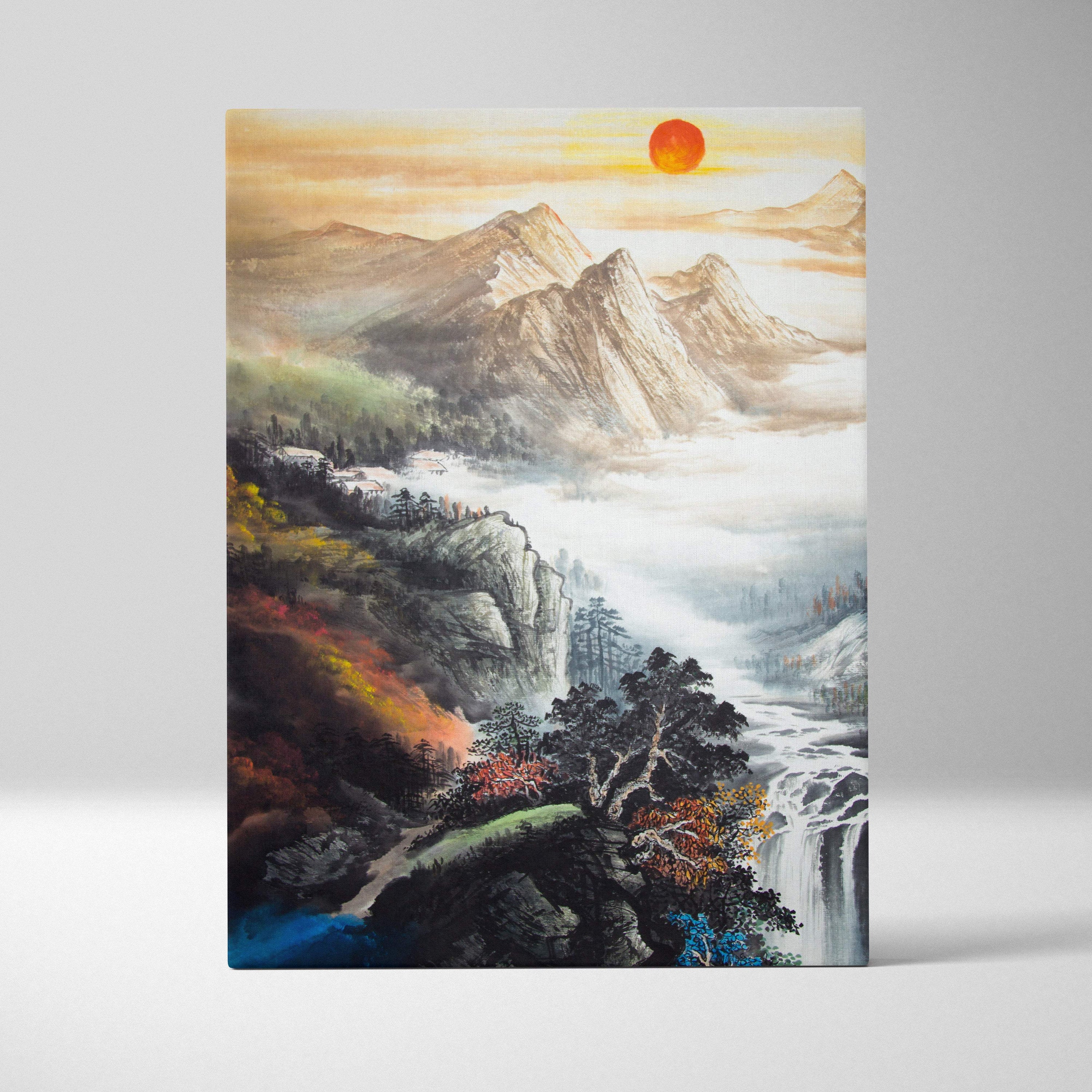 Asian mountain landscape canvas wall art with orange sunrise waterfall ink painting style for serene zen decor