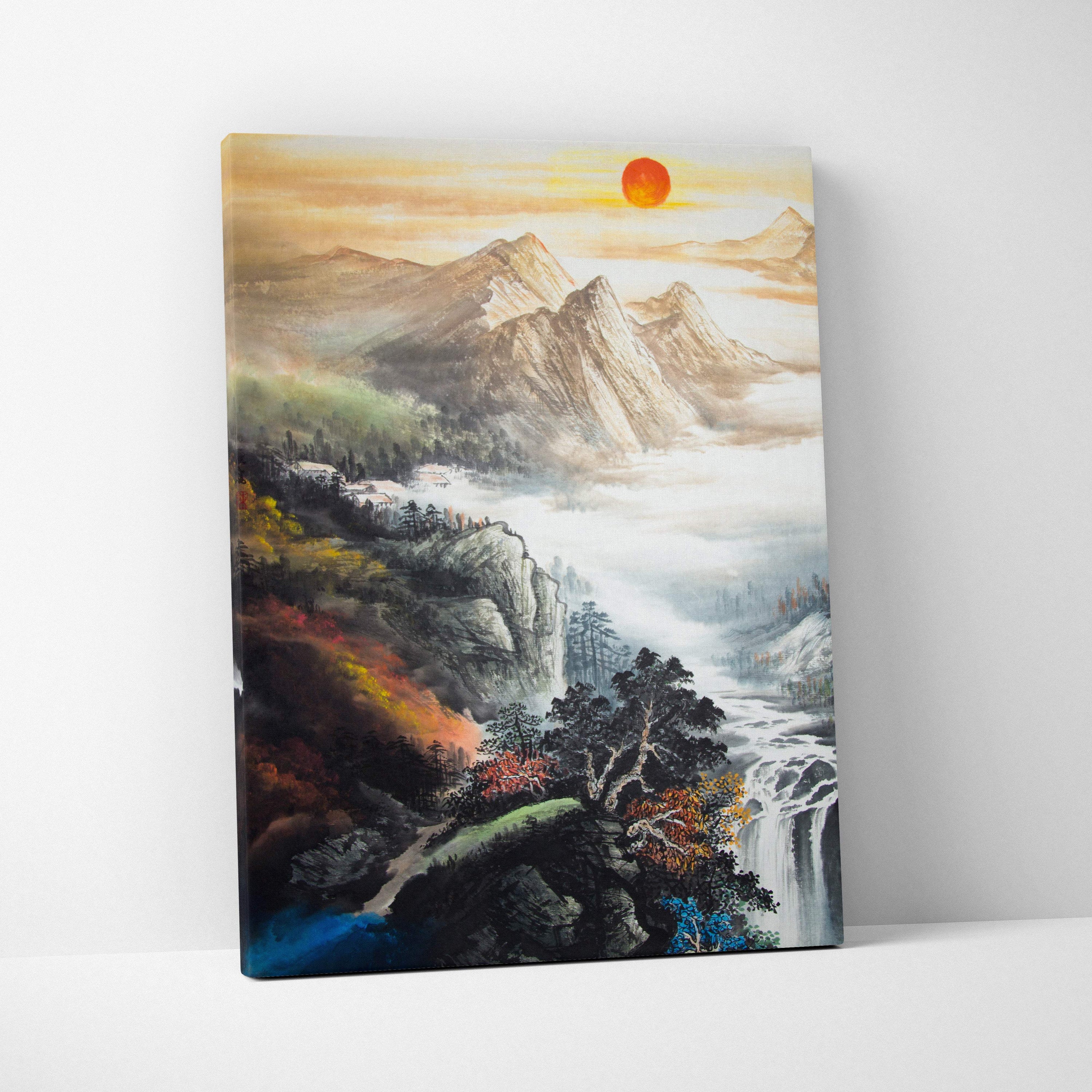Rectangular canvas wall art of an asian mountain landscape with misty valleys waterfalls autumnal trees and orange sun