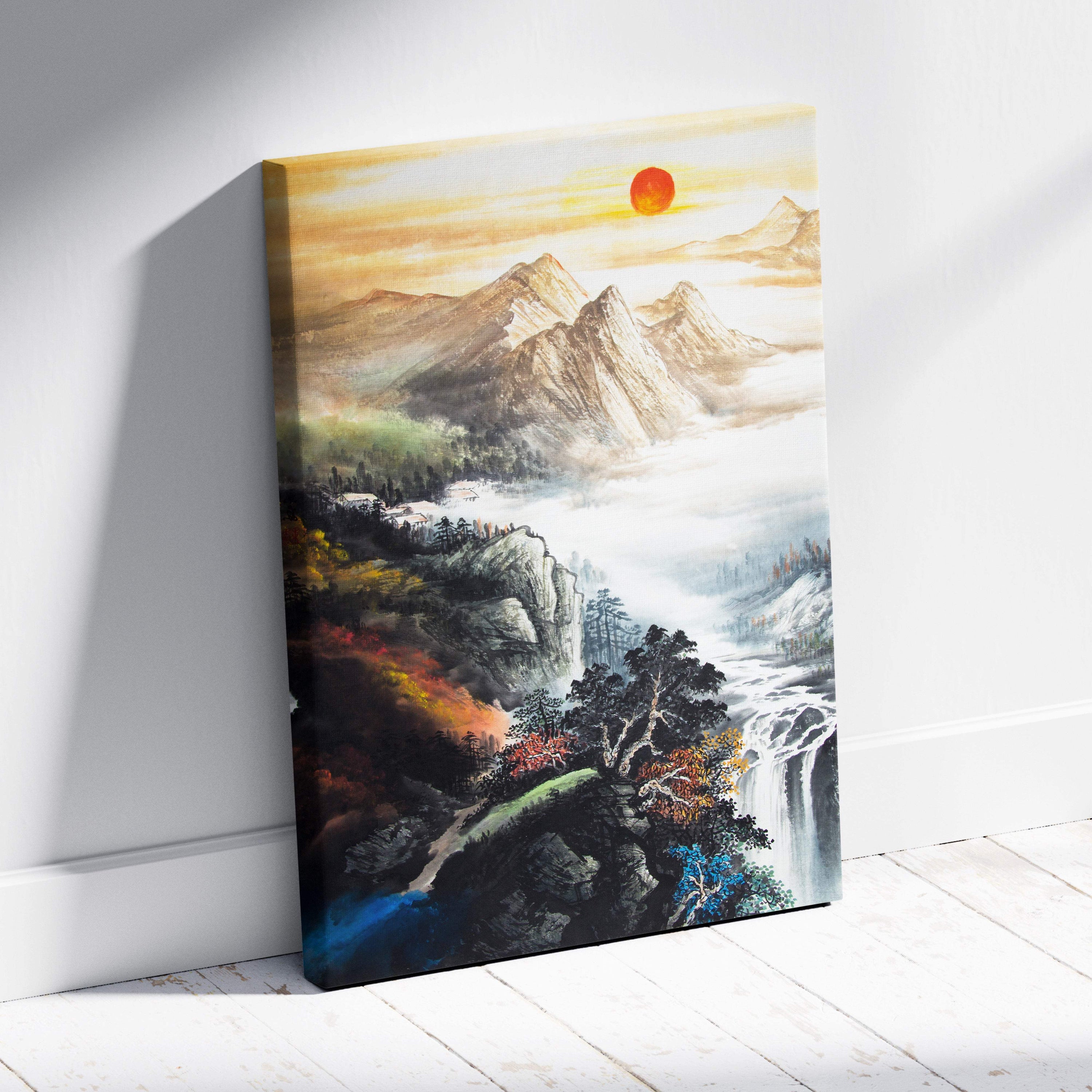 A framed canvas print of traditional chinese landscape with misty mountains orange sunrise and waterfall in ink painting style