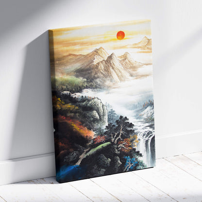 A framed canvas print of traditional chinese landscape with misty mountains orange sunrise and waterfall in ink painting style