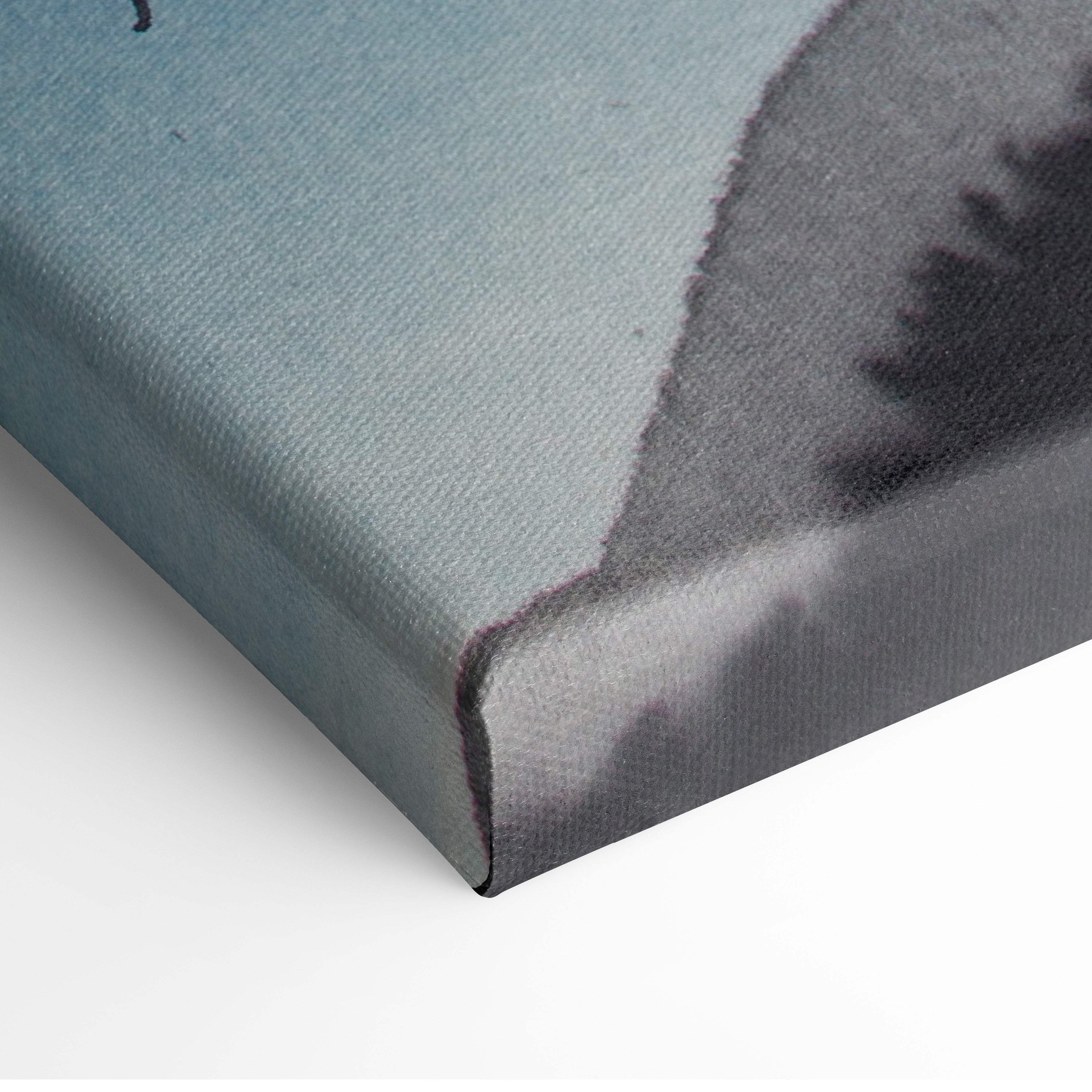 Textured canvas print with muted teal and grayscale japanese ink crane landscape for peaceful wall decor