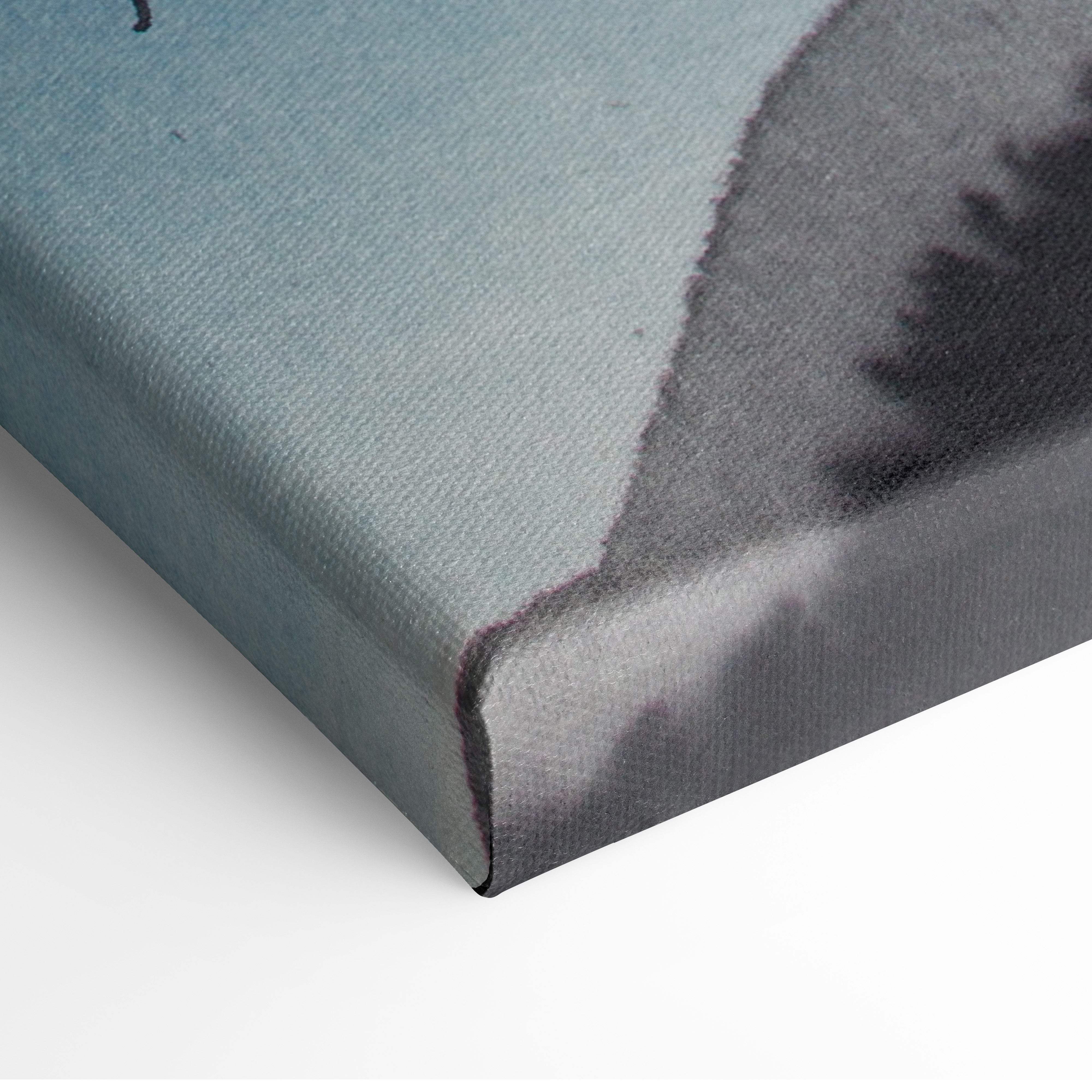 Textured canvas print with muted teal and grayscale japanese ink crane landscape for peaceful wall decor