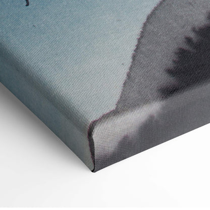 Textured canvas print with muted teal and grayscale japanese ink crane landscape for peaceful wall decor