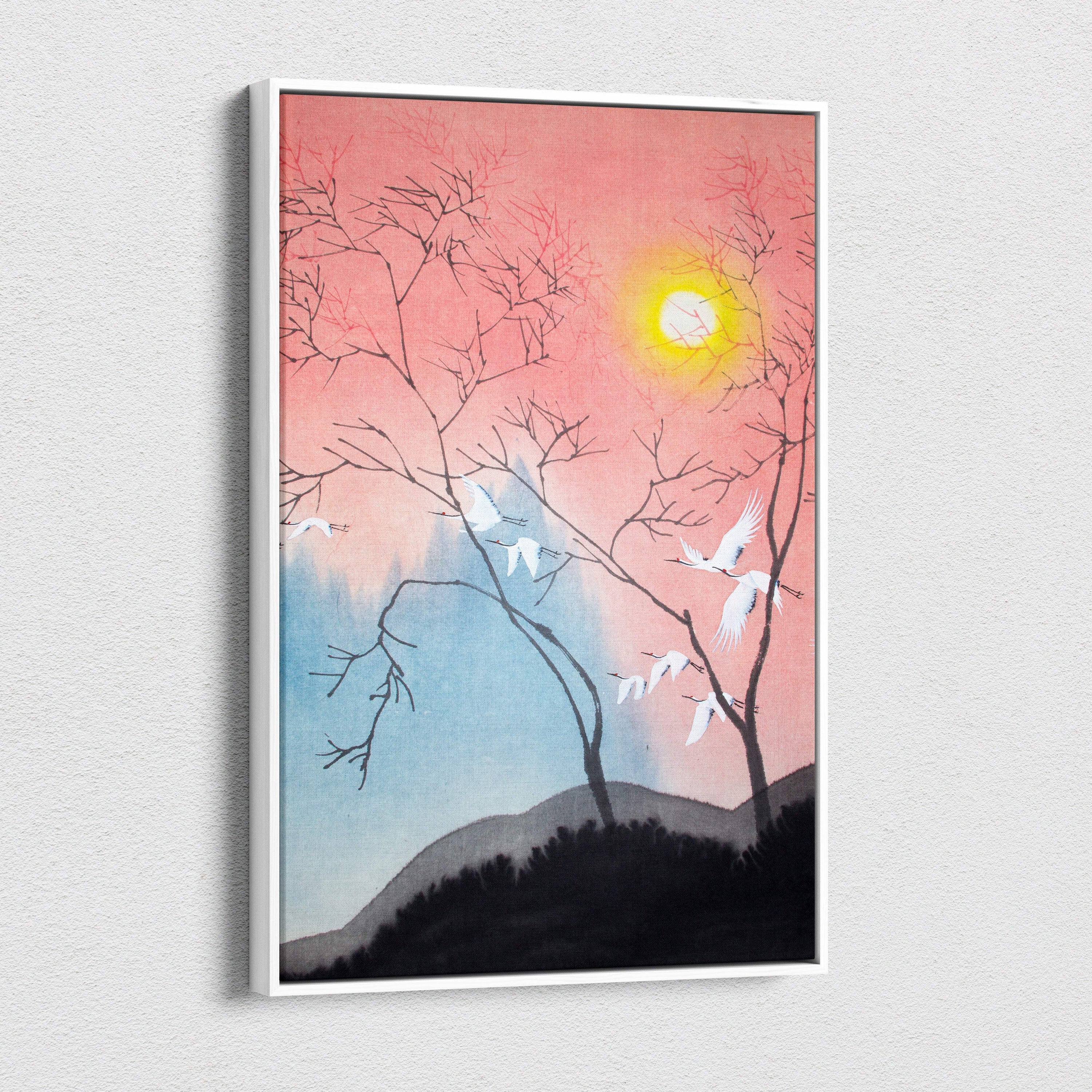 A framed pink blue crane canvas wall art featuring a serene japanese ink style sunset landscape with birds and trees