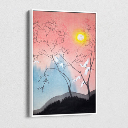 A framed pink blue crane canvas wall art featuring a serene japanese ink style sunset landscape with birds and trees