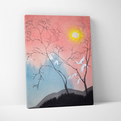 Pink blue crane canvas wall art featuring a stylized sunset bird landscape with bare trees in japanese ink style