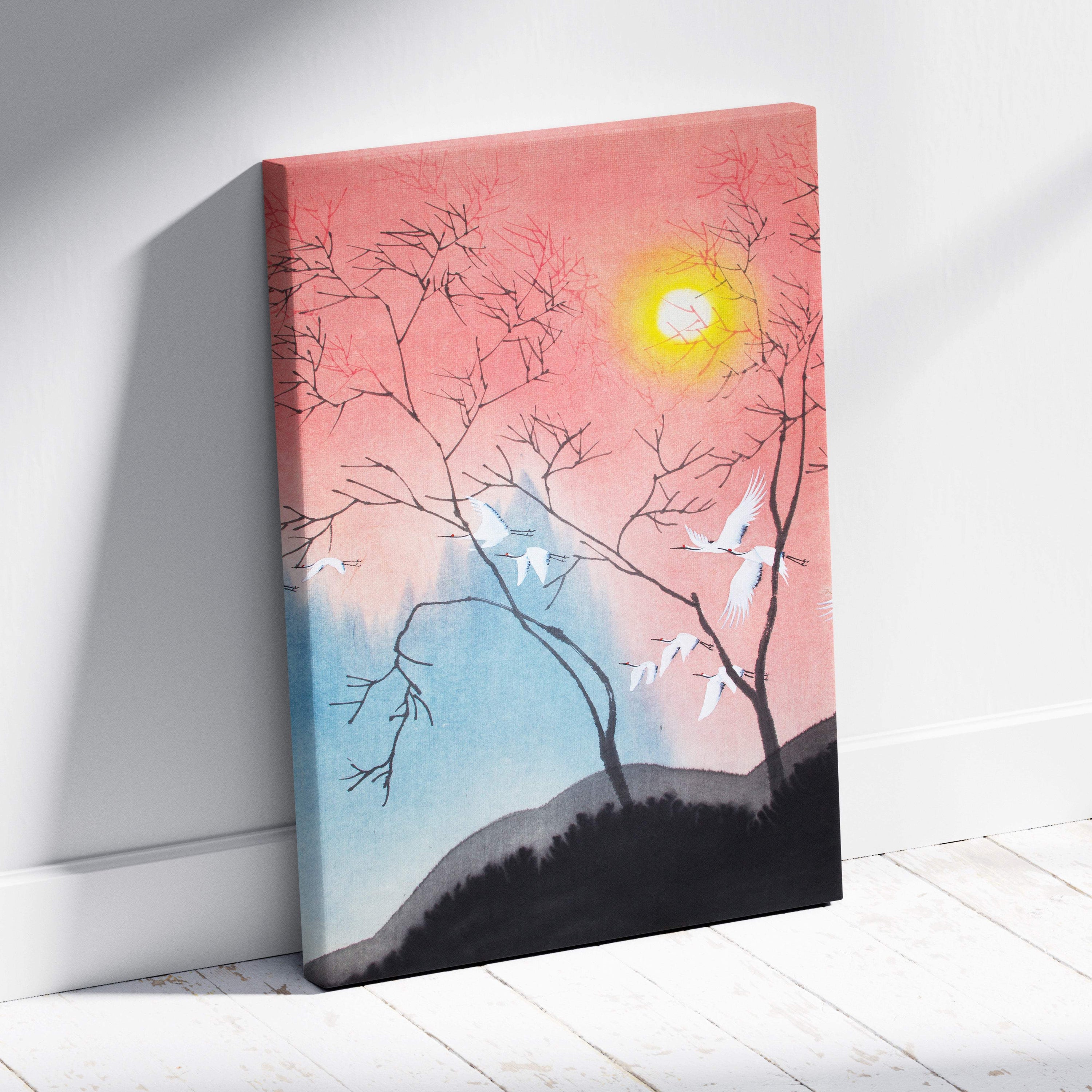Pink blue crane canvas wall art of serene landscape with bare trees white birds and glowing sun in japanese ink style