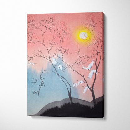 Pink blue crane canvas wall art showing serene Japanese ink style sunset with bare trees white birds and glowing sun