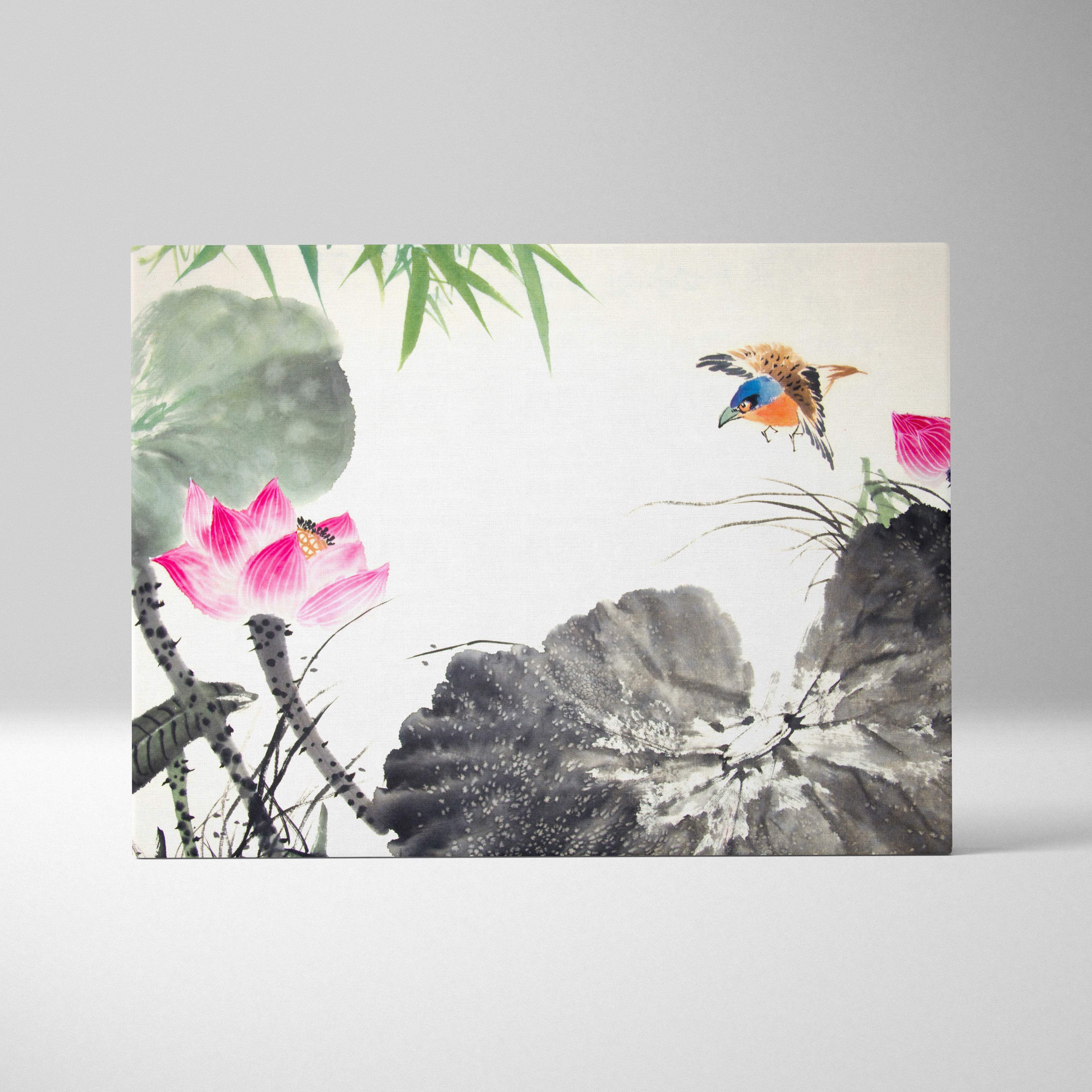 Pink lotus bird canvas wall art with vibrant pink lotus flower green bamboo leaves and colorful bird in asian watercolor style