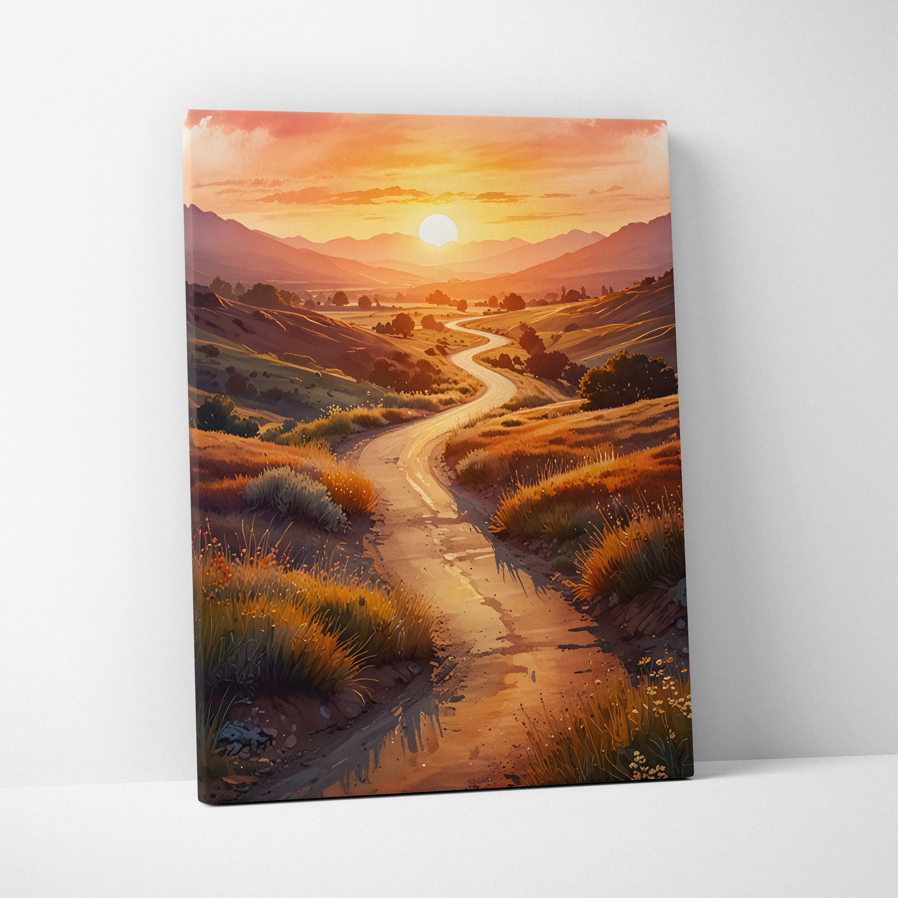 Vertical canvas wall art depicting a vibrant watercolor sunset over a winding dirt path through rolling hills.