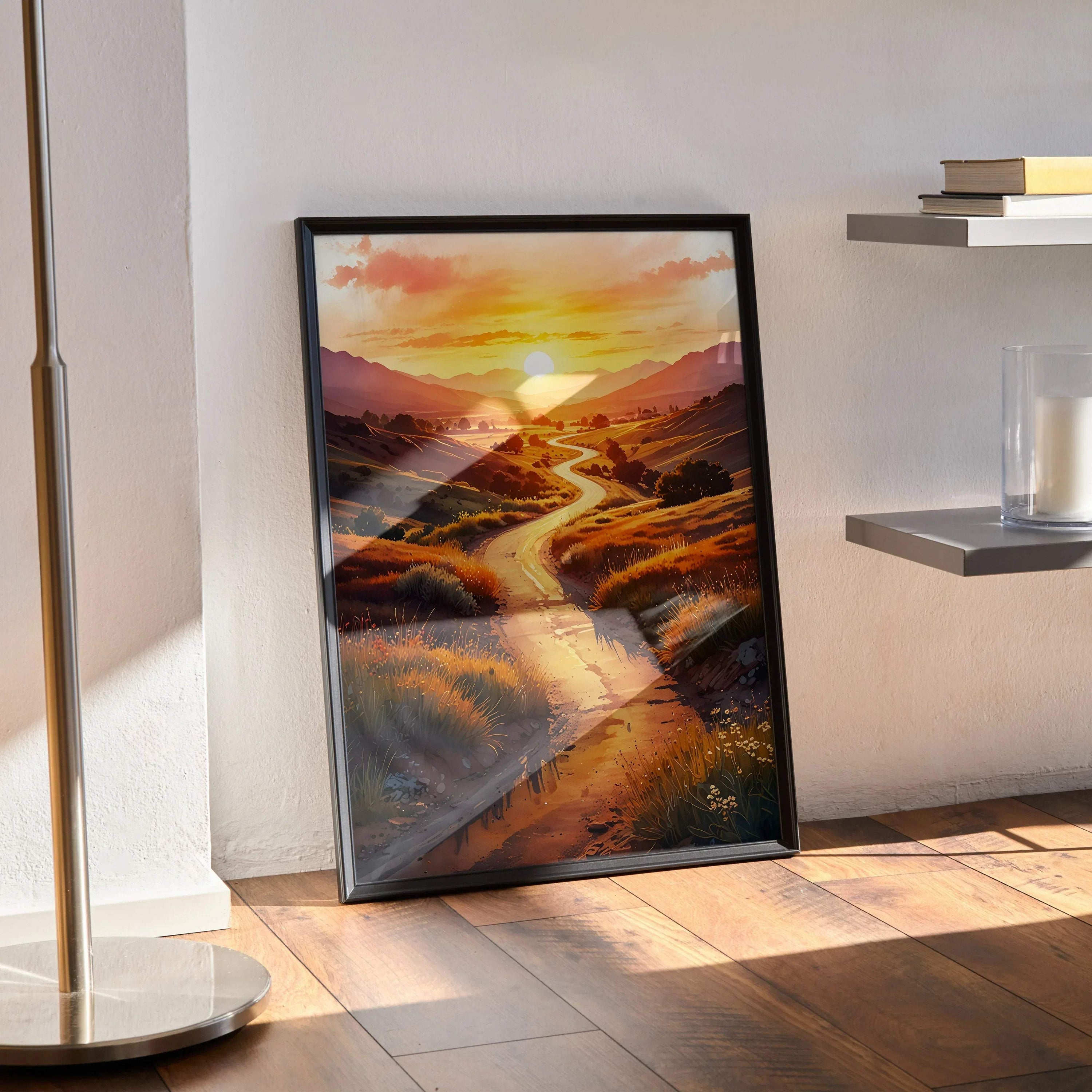 Watercolor style sunset nature poster with winding river and hills in warm orange and yellow tones, framed wall art.