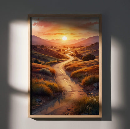 Watercolor sunset poster with winding path through golden hills, vertical wall art print.