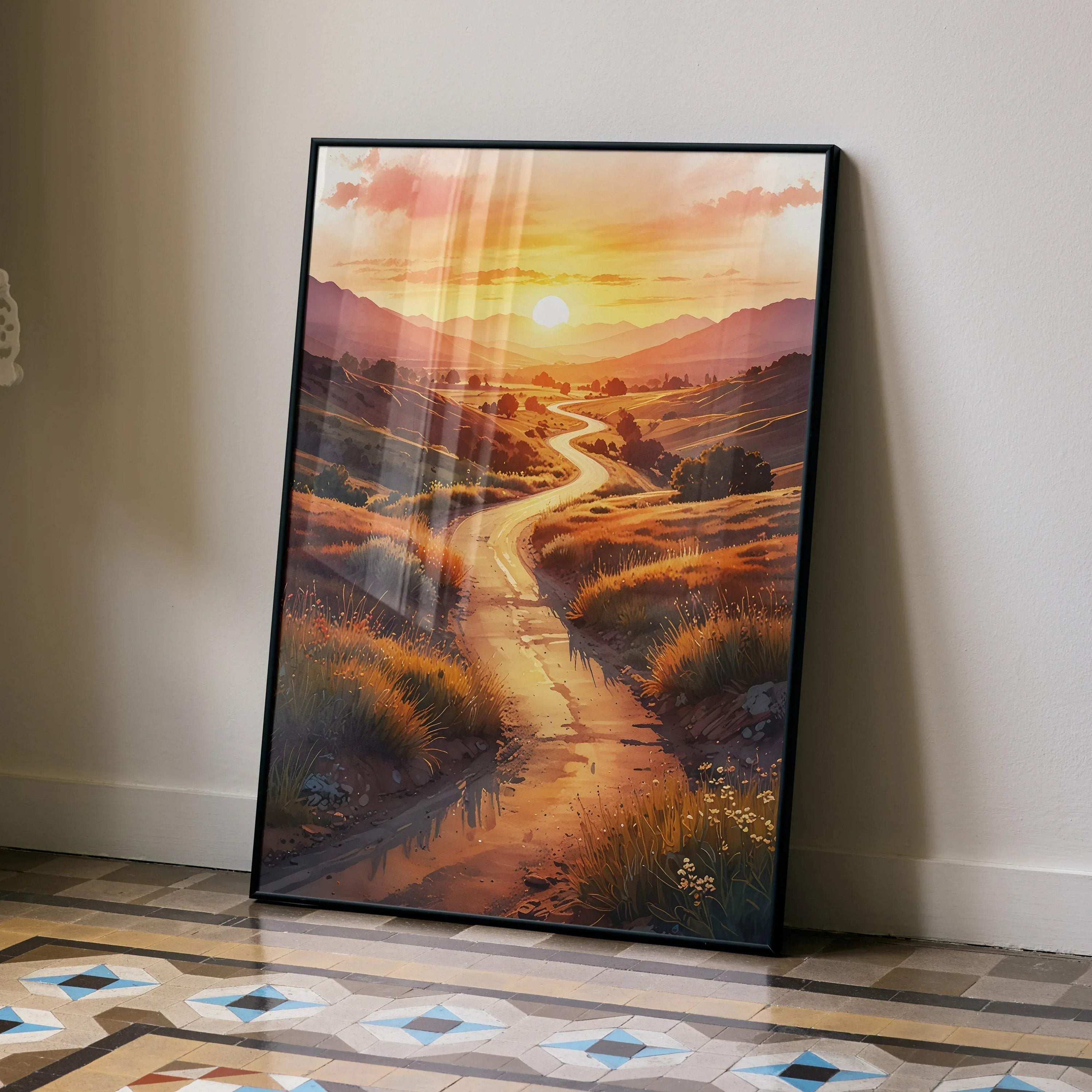 Vertical watercolor sunset nature poster with winding path and warm orange tones wall art.