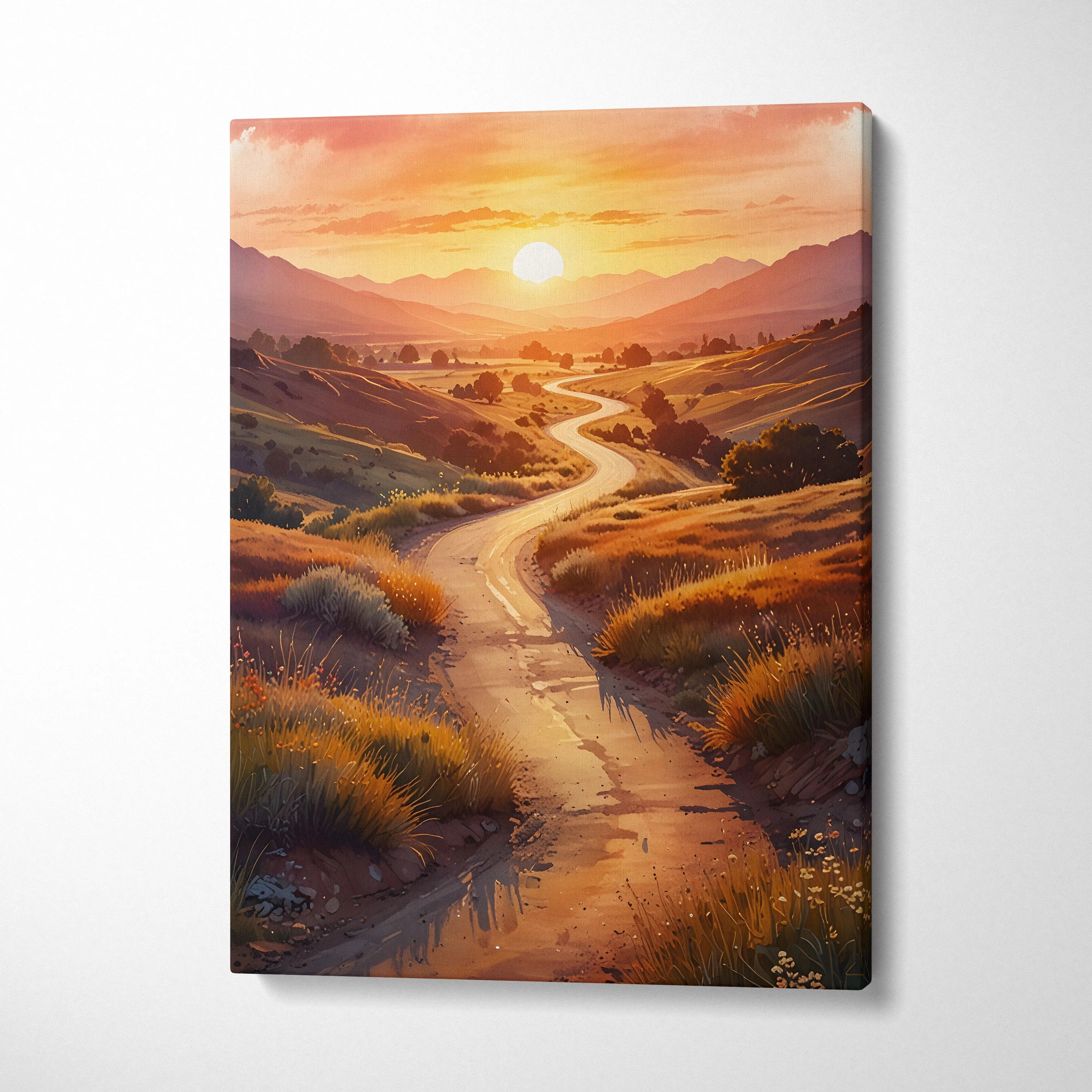 Canvas wall art featuring a winding road through golden hills at vibrant sunset.