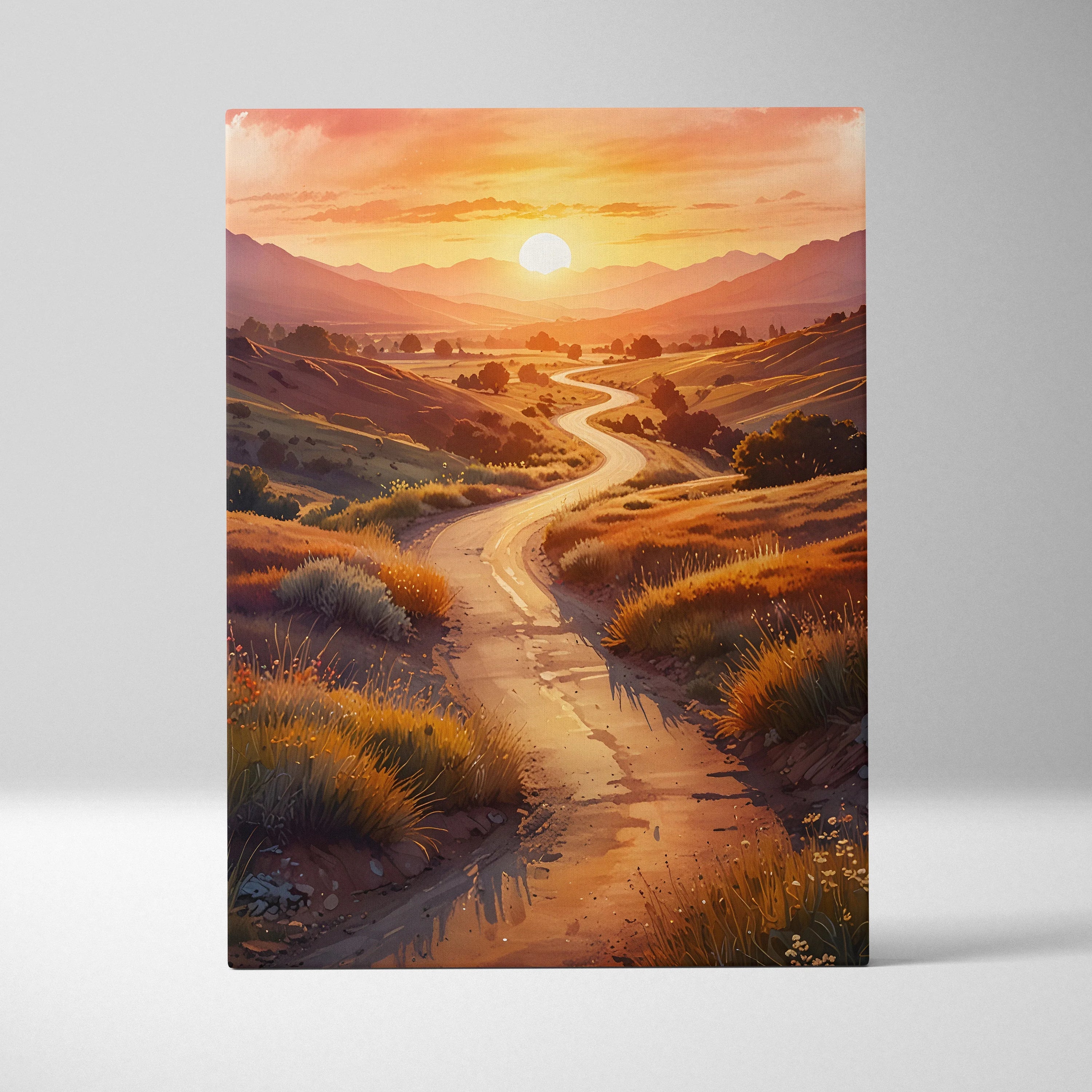 Vertical canvas wall art featuring a winding dirt path through golden grassy hills at sunset.