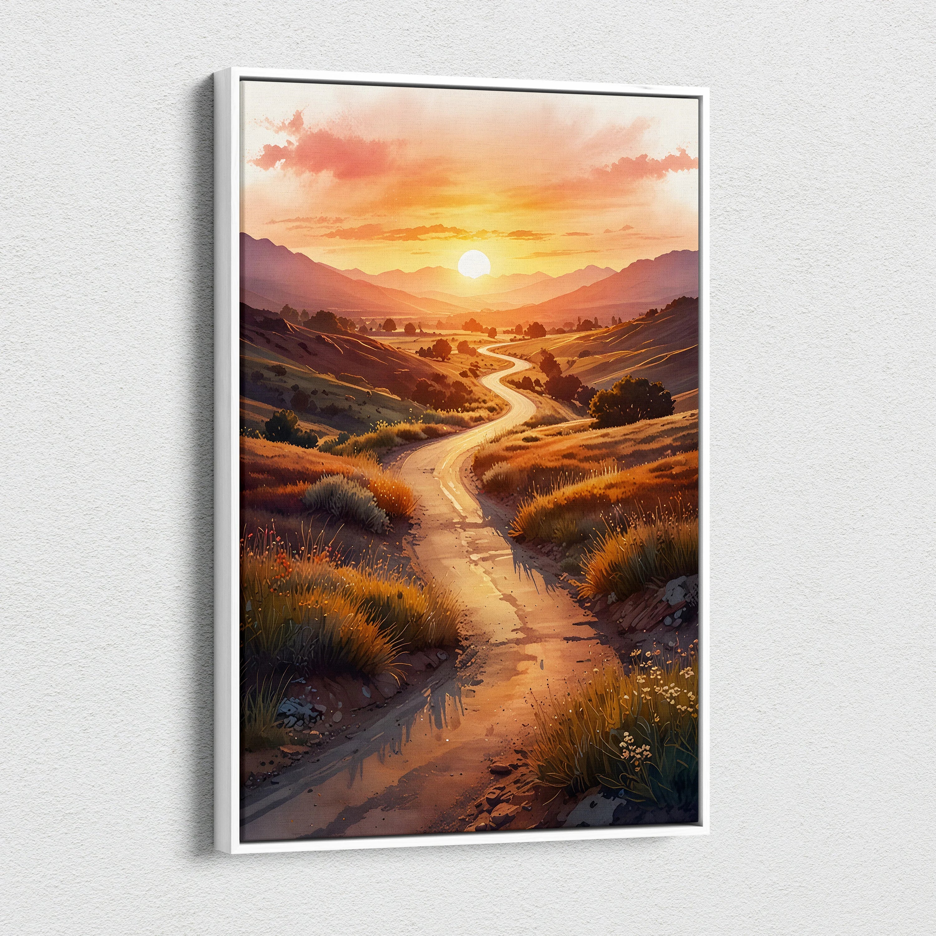 Vertical canvas wall art featuring a vibrant watercolor sunset over winding dirt path in nature.