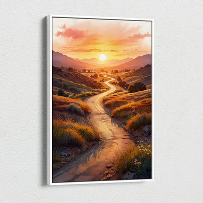 Vertical canvas wall art featuring a vibrant watercolor sunset over winding dirt path in nature.