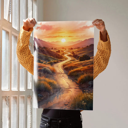 Vertical watercolor poster wall art featuring a vibrant sunset over rolling hills and winding path.