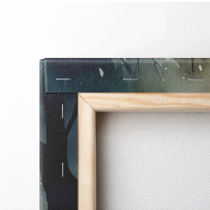 Close-up of wooden-framed canvas wall art showing detailed watercolor texture and dark forest design edges.
