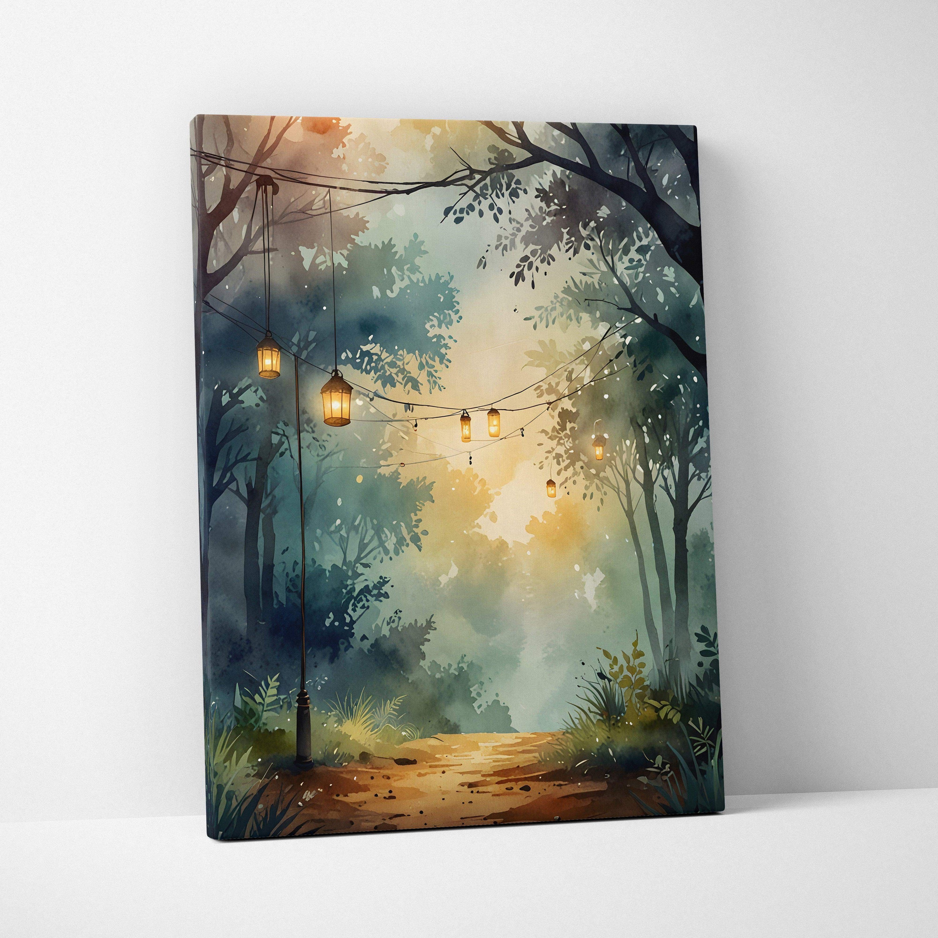 Canvas wall art featuring a serene forest path with glowing lanterns and soft watercolor tones.