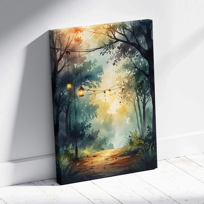 Canvas wall art featuring serene forest path with hanging lanterns at dusk in watercolor style.