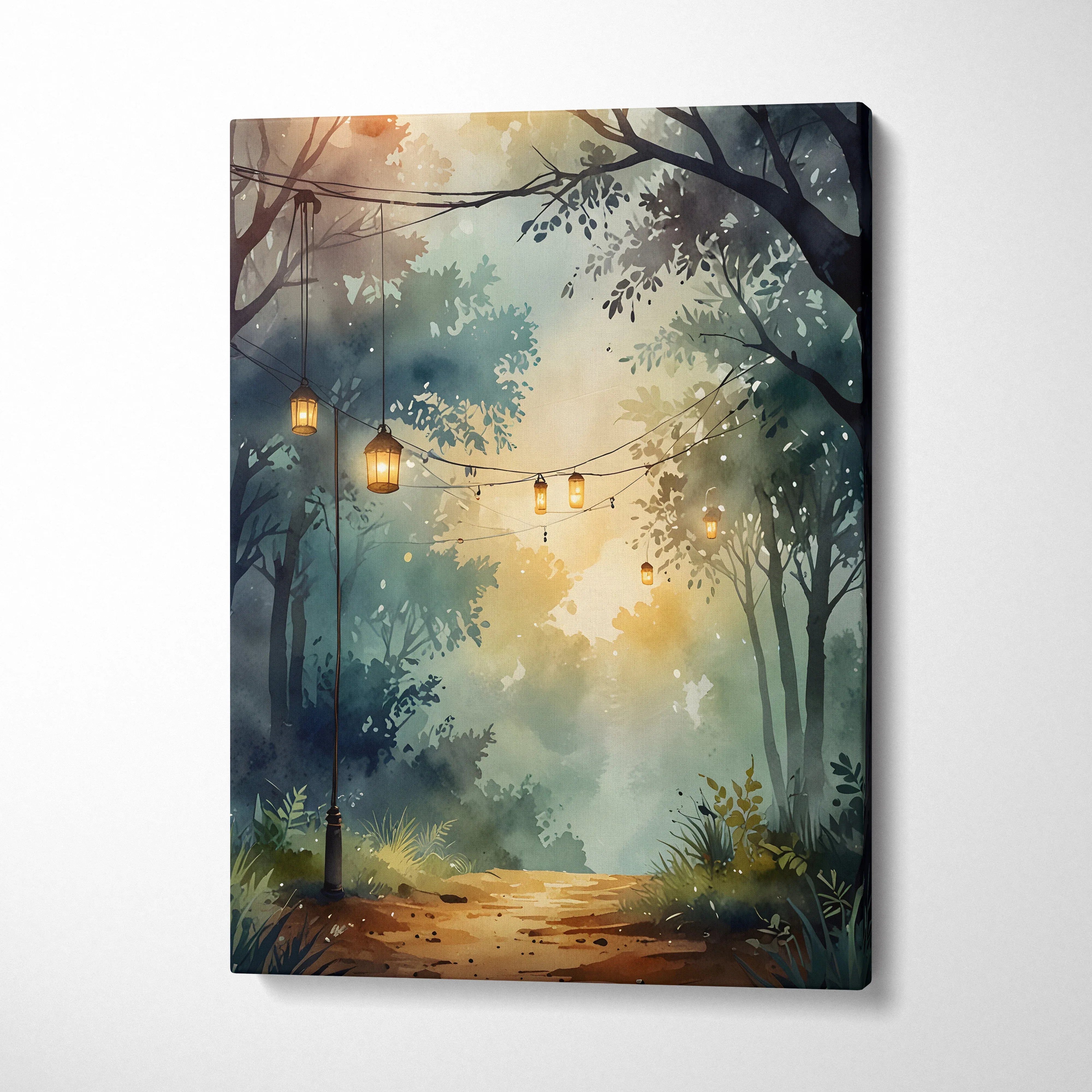 Canvas wall art featuring a serene forest path with soft watercolor trees and glowing lanterns hanging above.