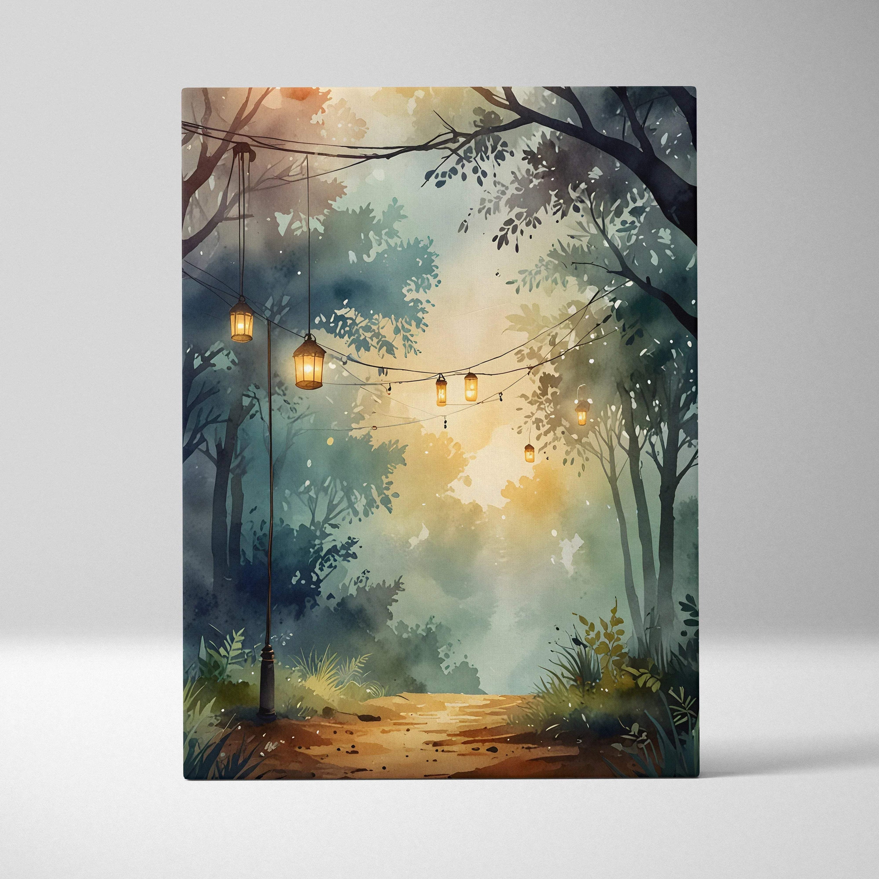 Serene forest watercolor canvas wall art with glowing hanging lanterns and misty trees.