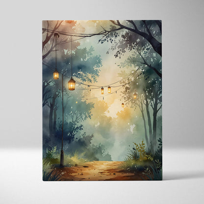 Serene forest watercolor canvas wall art with glowing hanging lanterns and misty trees.