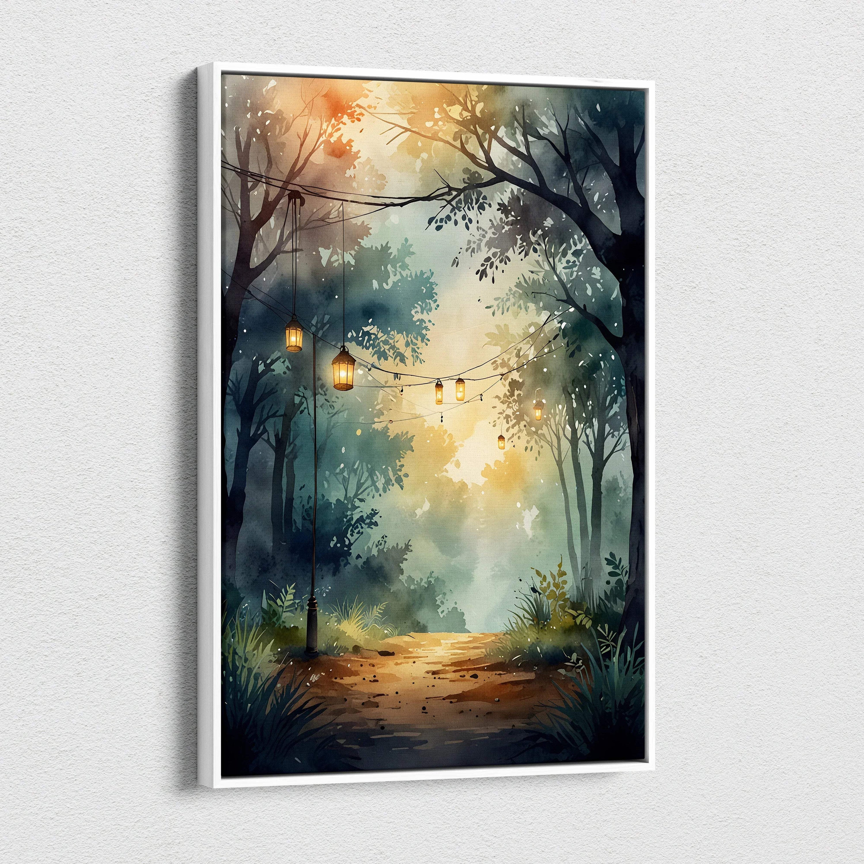 Serene forest path with glowing lanterns hanging from trees on canvas wall art print.