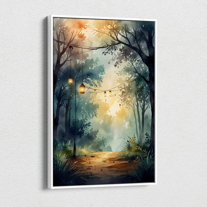 Serene forest path with glowing lanterns hanging from trees on canvas wall art print.