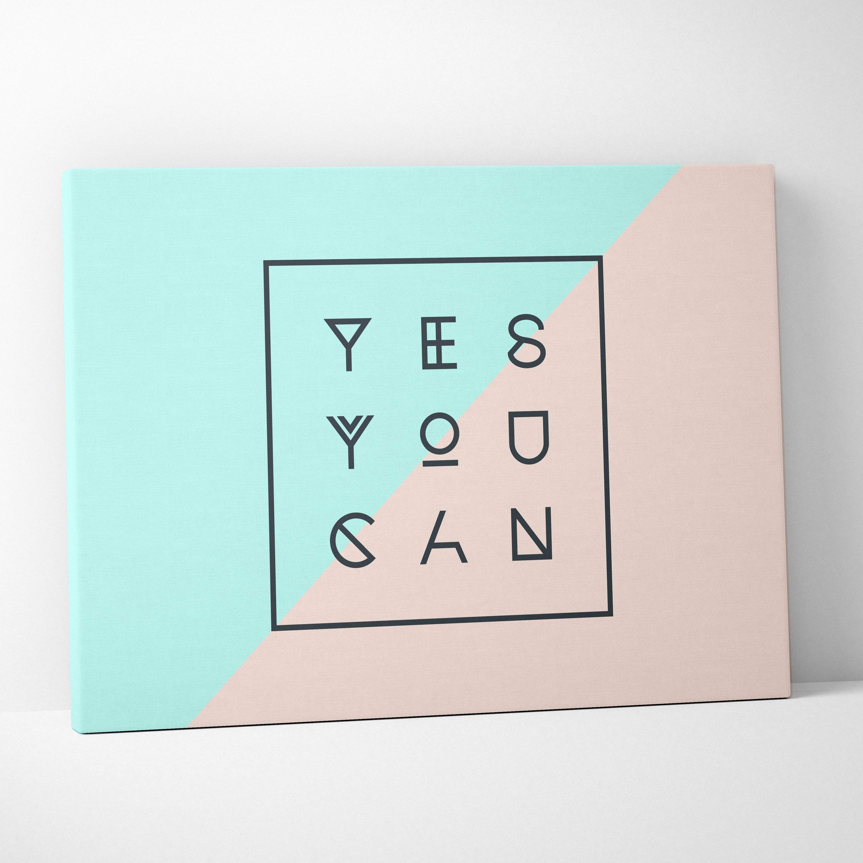 Motivational yes you can canvas wall art with minimalist geometric typography in mint peach and soft pink colors