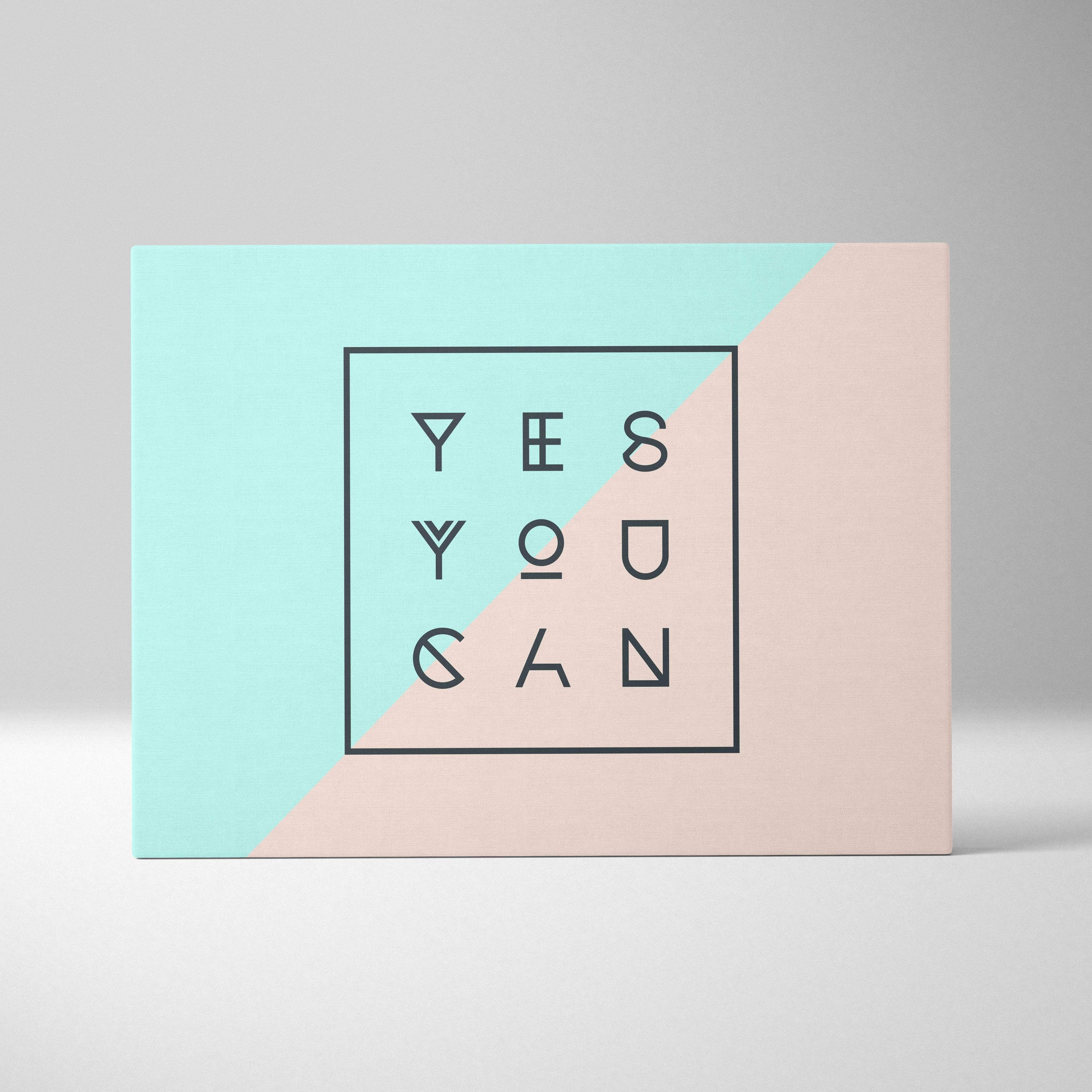 Motivational yes you can canvas wall art with bold black geometric typography on mint green and blush pink split background