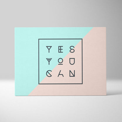 Motivational yes you can canvas wall art with bold black geometric typography on mint green and blush pink split background