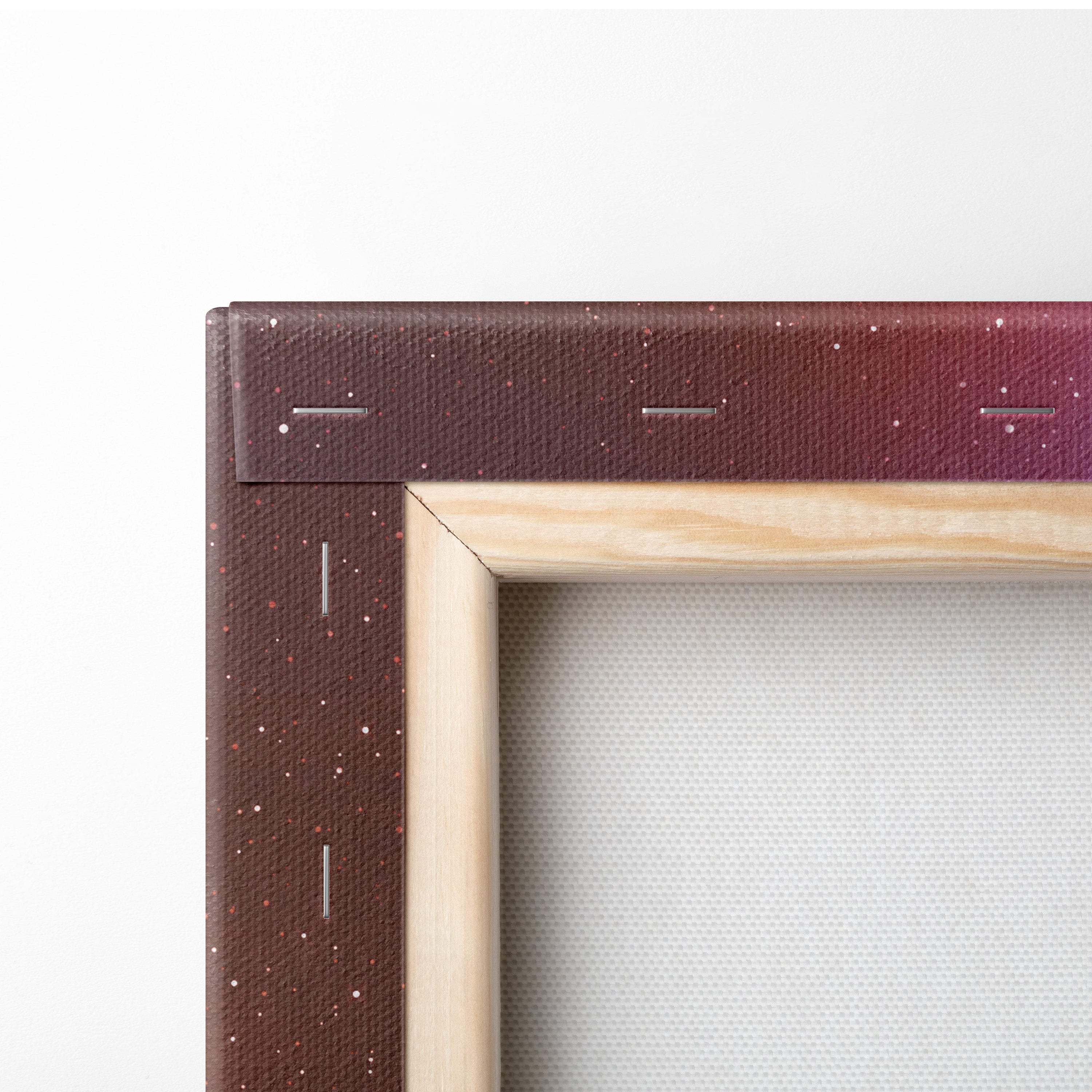 Brown speckled canvas frame with light wood border featuring celestial voyage dreamscape surreal boat under cosmic nebula