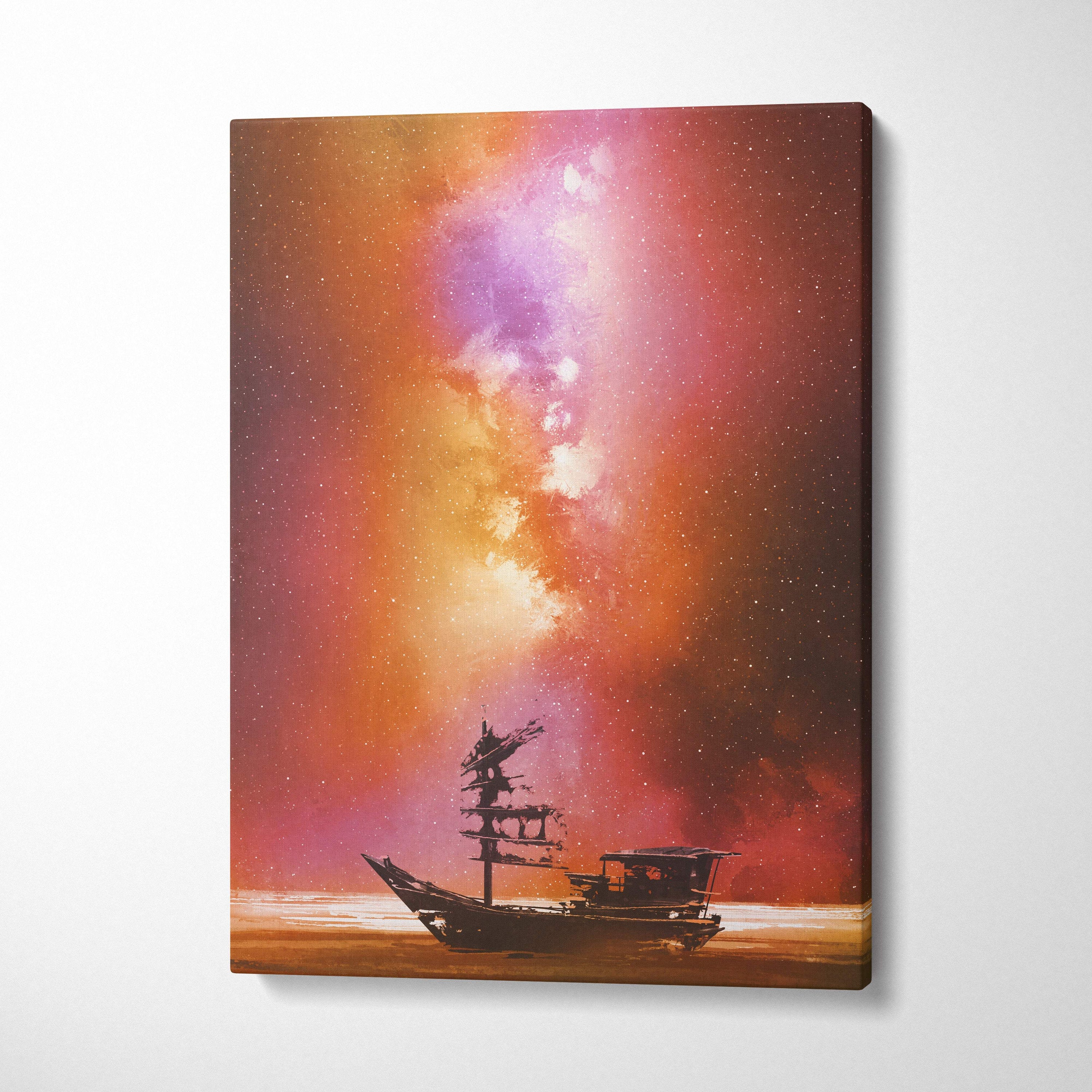 A canvas print of a silhouette wooden fishing boat under an orange and pink cosmic nebula night sky wall decor