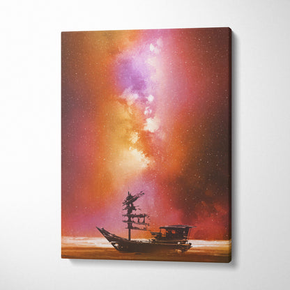 A canvas print of a silhouette wooden fishing boat under an orange and pink cosmic nebula night sky wall decor