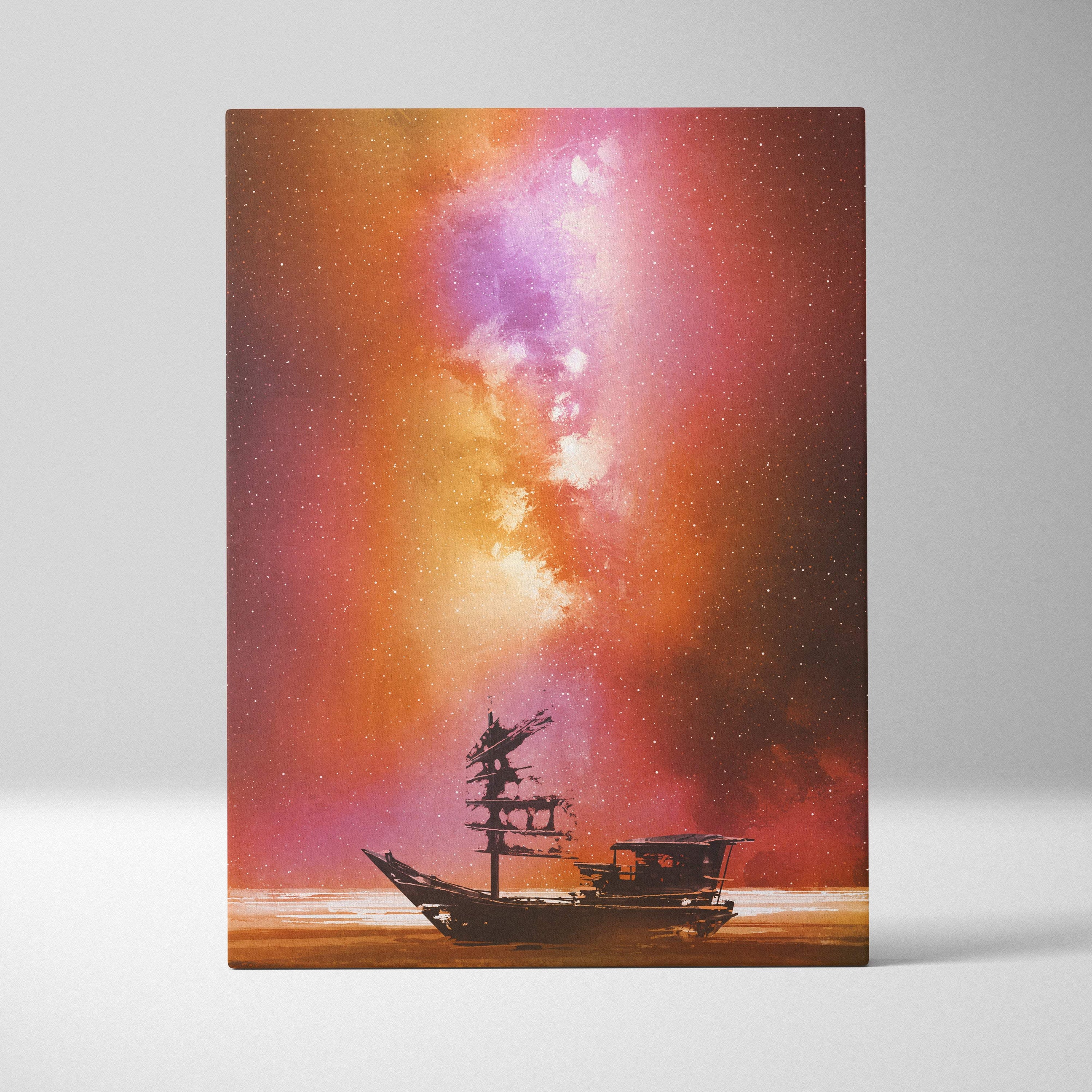A canvas print featuring a silhouette of an old fishing boat under an orange and pink cosmic nebula sky