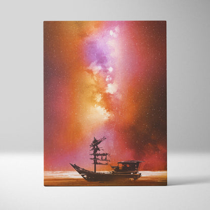 A canvas print featuring a silhouette of an old fishing boat under an orange and pink cosmic nebula sky