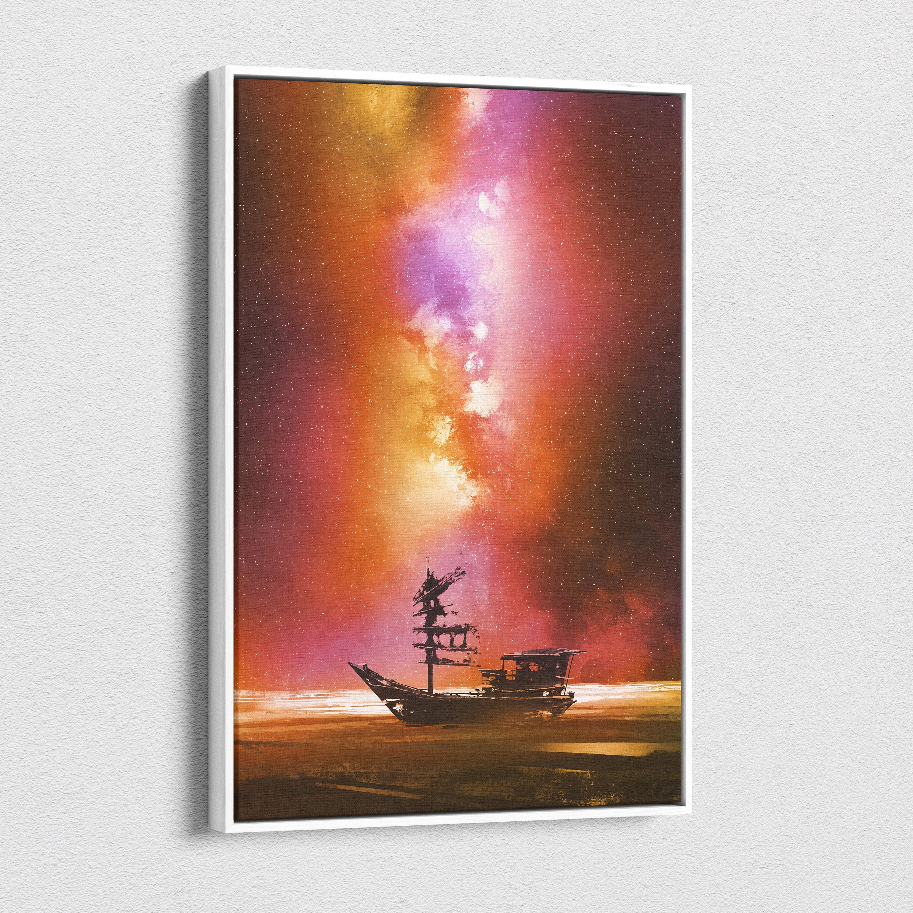 A framed canvas print of an old wooden ship silhouette against a vibrant orange pink and purple starry sky wall decor