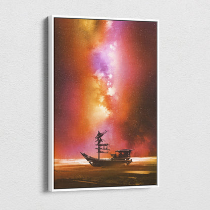 A framed canvas print of an old wooden ship silhouette against a vibrant orange pink and purple starry sky wall decor