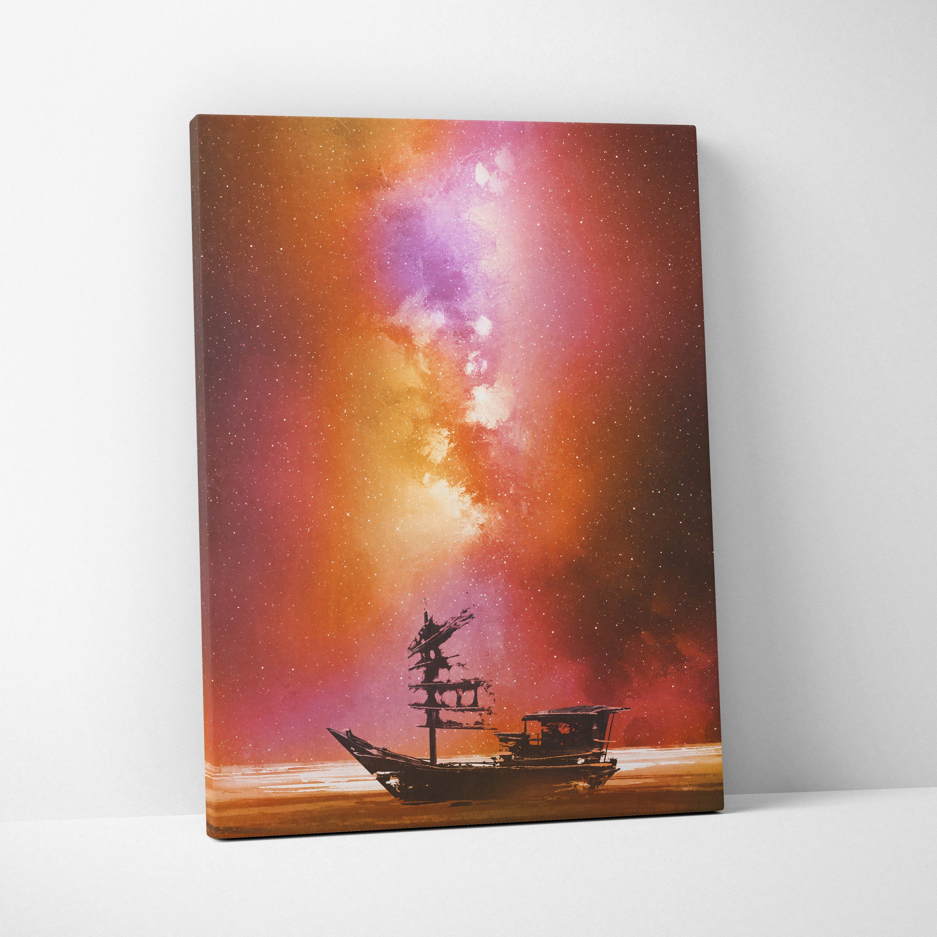 A canvas print of a wooden fishing boat silhouette under an orange and pink cosmic nebula night sky wall decor