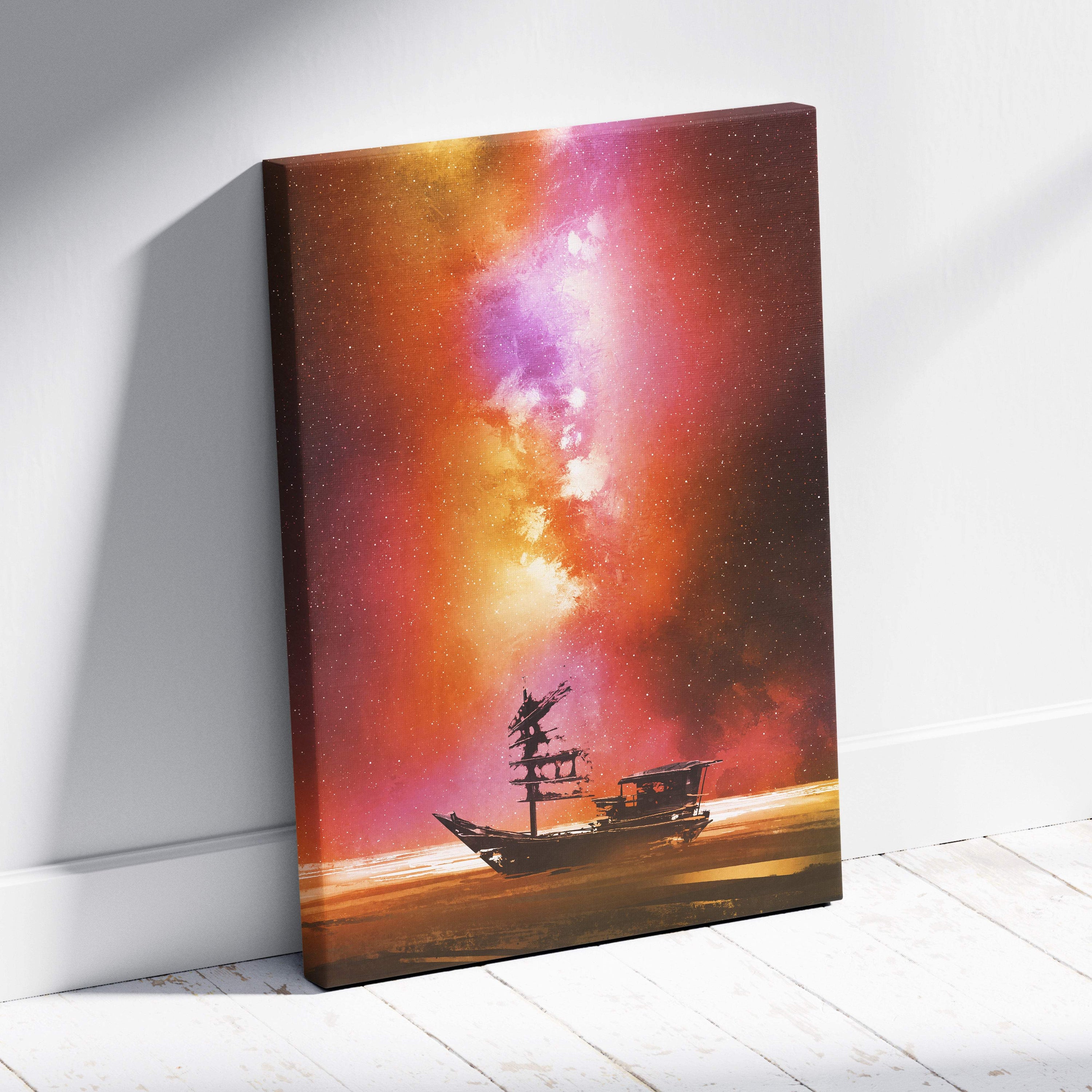 A vibrant canvas print of a sailing ship silhouette against a swirling orange pink and purple cosmic nebula sky wall decor