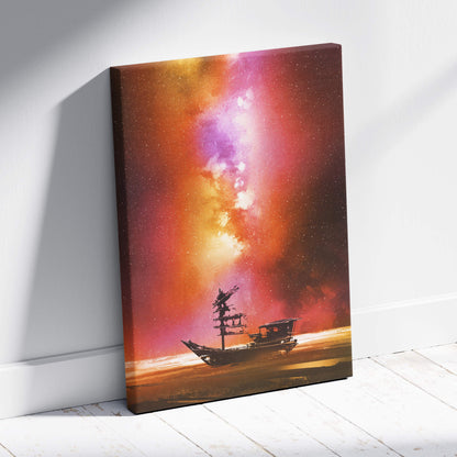 A vibrant canvas print of a sailing ship silhouette against a swirling orange pink and purple cosmic nebula sky wall decor