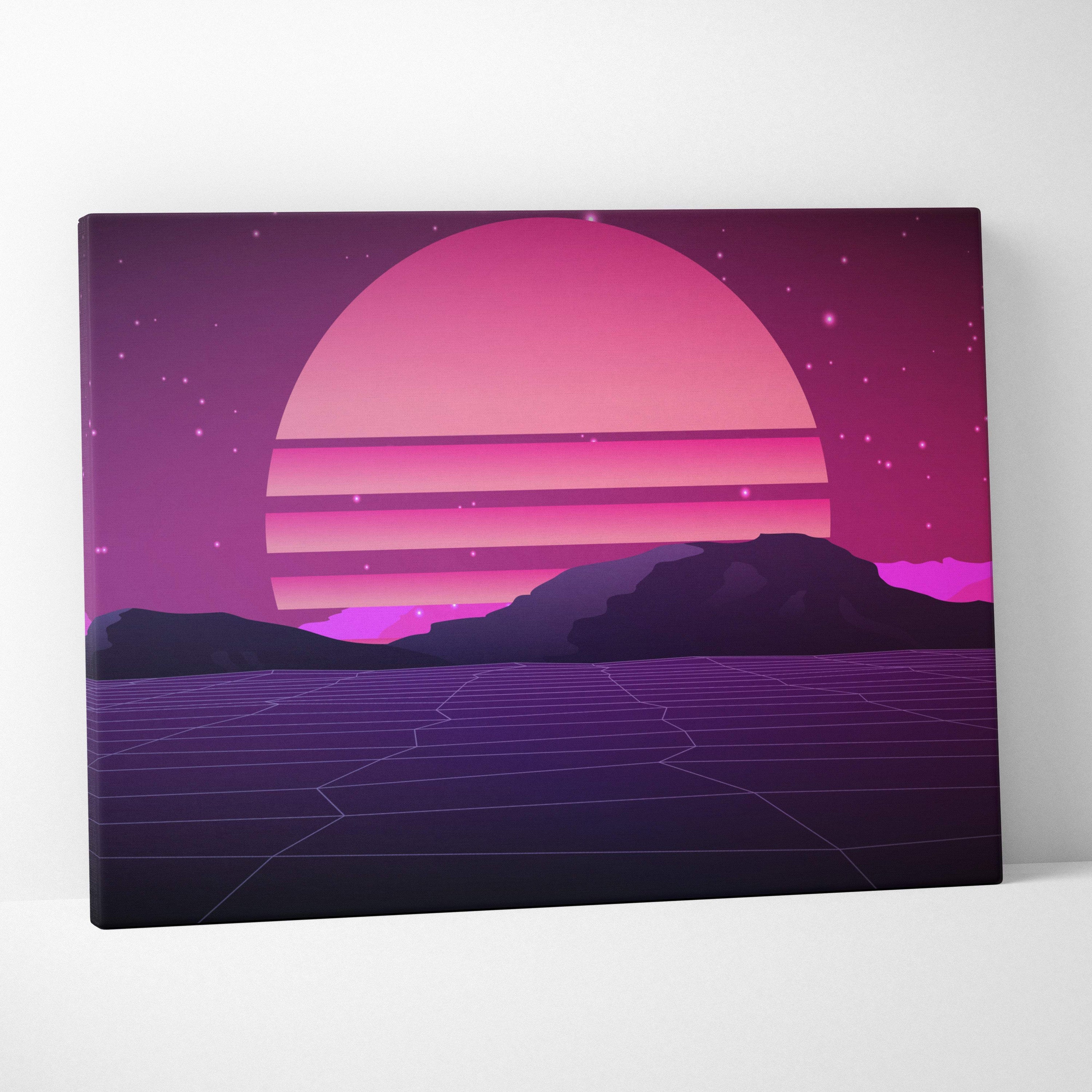 Vaporwave pink sunset grid canvas art print featuring a glowing purple synthwave mountain landscape with geometric lines
