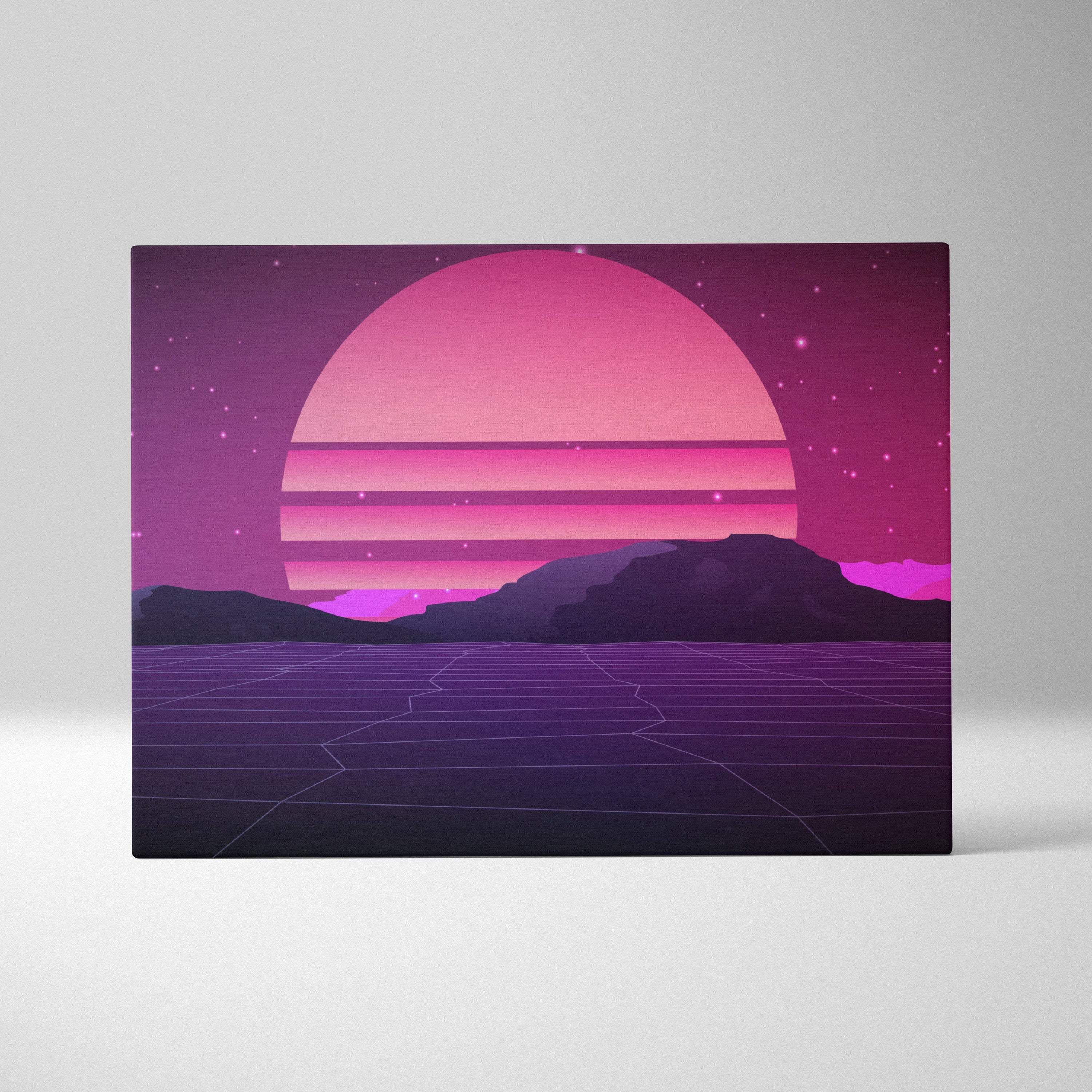 A rectangular canvas print of vaporwave pink sunset grid art with retro-futuristic mountains and synthwave horizon decor