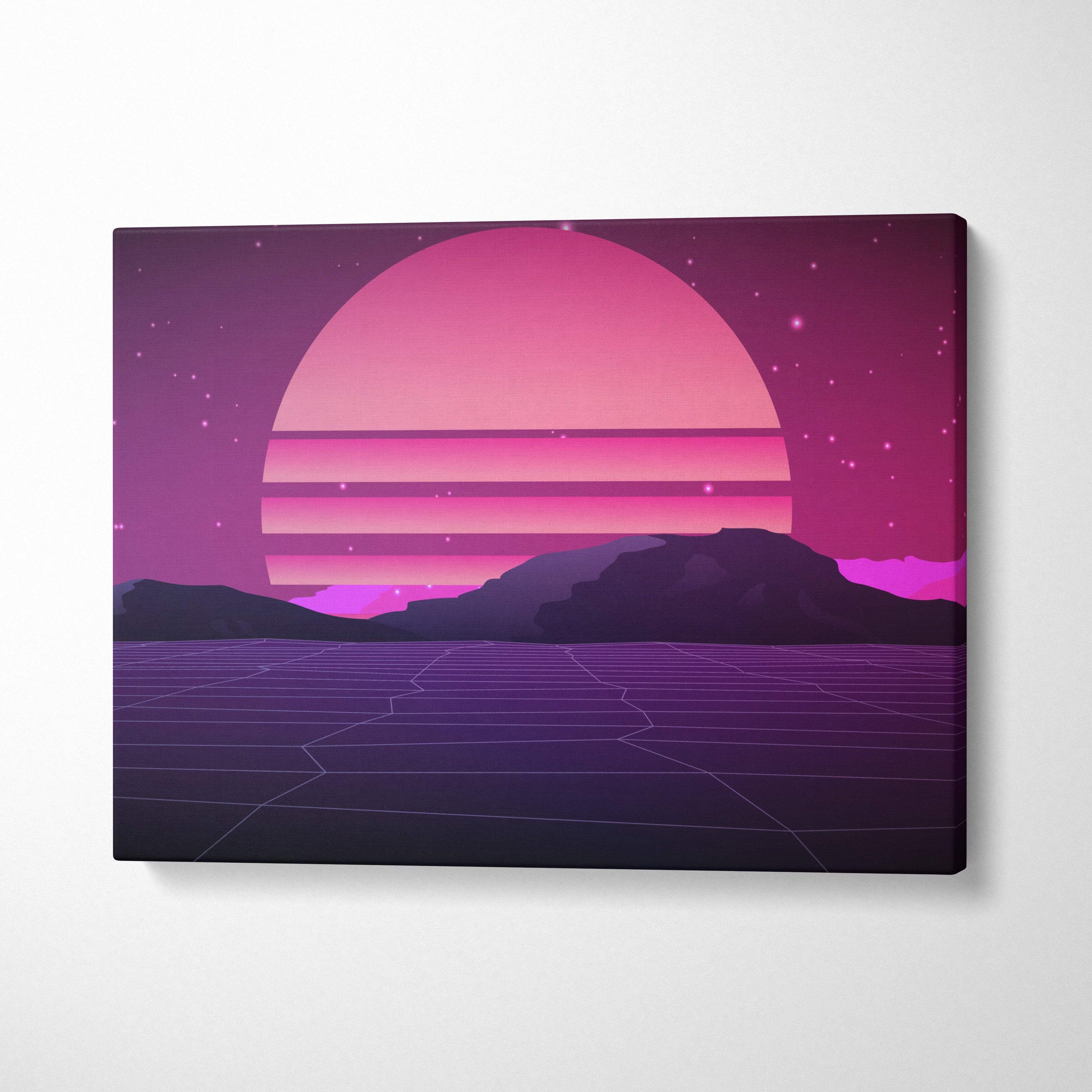 Vaporwave pink sunset grid canvas art print with vibrant gradient sky and retro futuristic synthwave mountain landscape