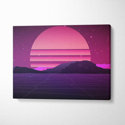 Vaporwave pink sunset grid canvas art print with vibrant gradient sky and retro futuristic synthwave mountain landscape