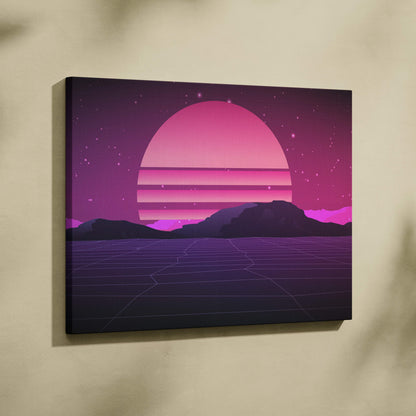Vaporwave pink sunset grid canvas art print with glowing purple synthwave horizon over retro-futuristic landscape
