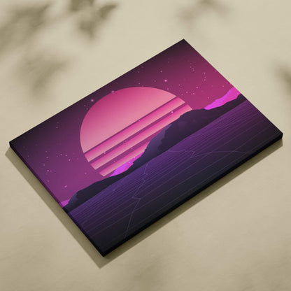 Vibrant retro-futuristic vaporwave pink sunset grid canvas art print with purple synthwave mountain landscape wall decor